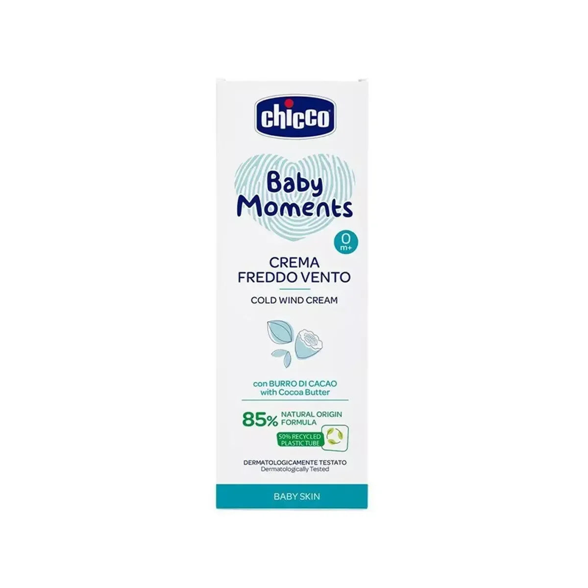 Chicco Baby Moments Cold Wind Cream box for baby skincare, with cocoa butter, sold by Goldfarmaci.