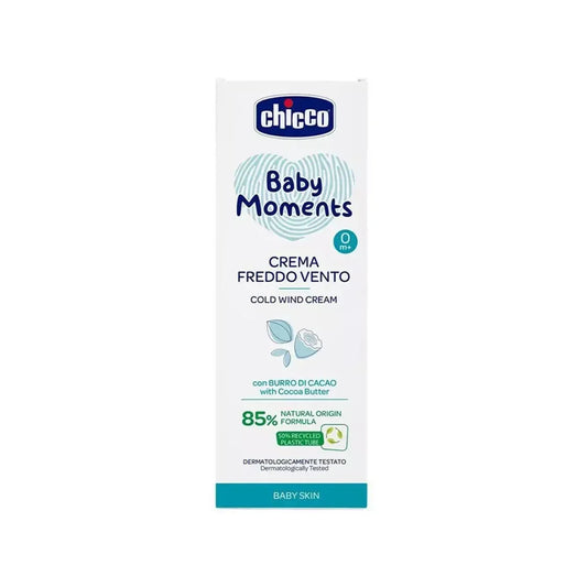 Chicco Baby Moments Cold Wind Cream box for baby skincare, with cocoa butter, sold by Goldfarmaci.
