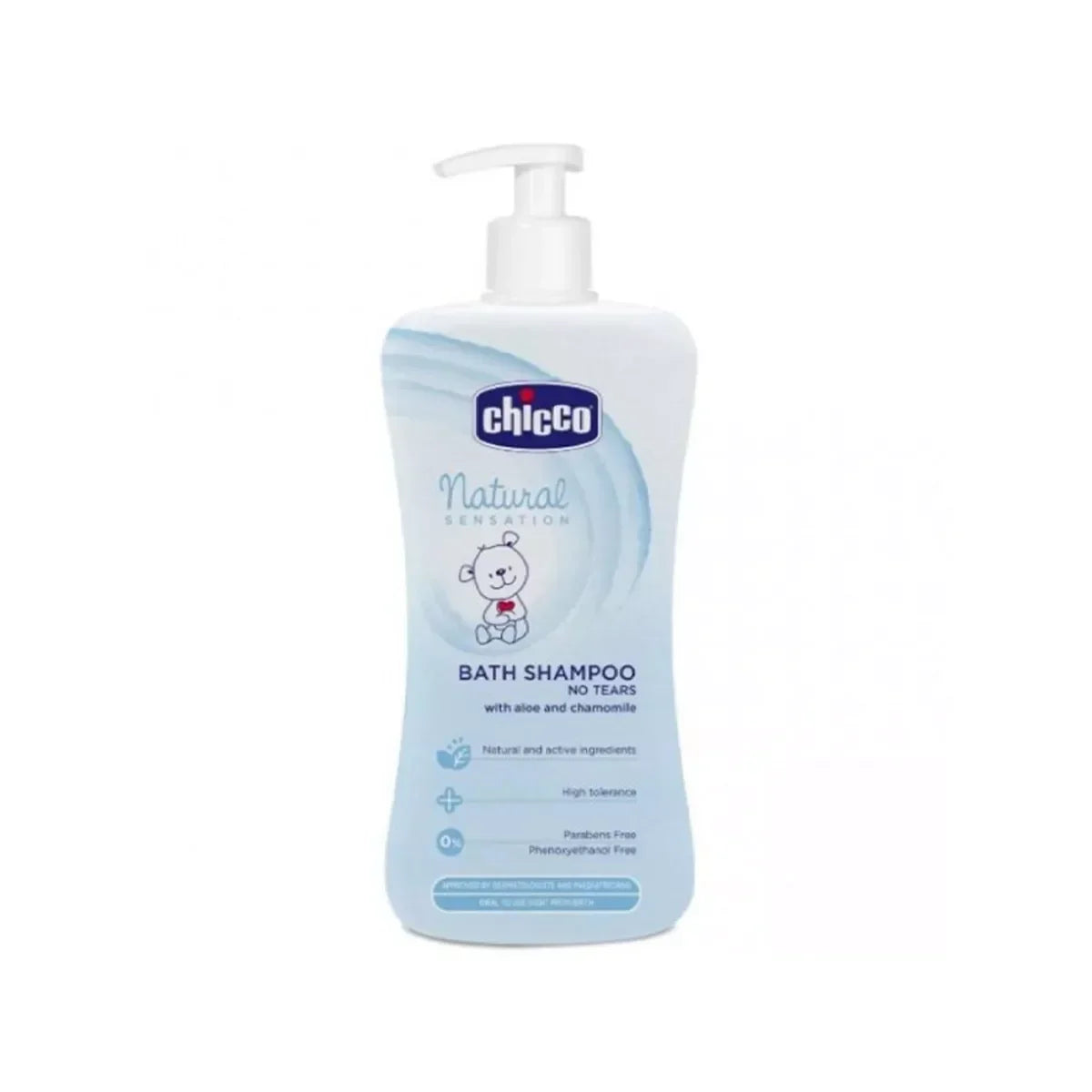 Chicco Natural Sensation baby bath shampoo bottle, no tears formula, sold by Goldfarmaci Albania