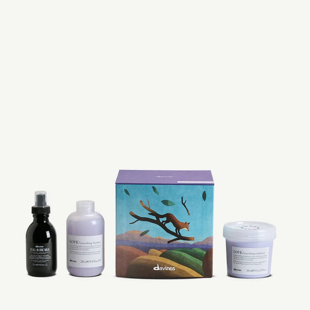 Davines Mediterranean haircare set with colorful box, smoothing shampoo, conditioner, and milk from Goldfarmaci Albania