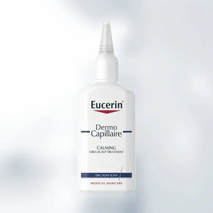 Eucerin DermoCapillaire calming urea scalp treatment bottle for dry, itchy scalp on light background