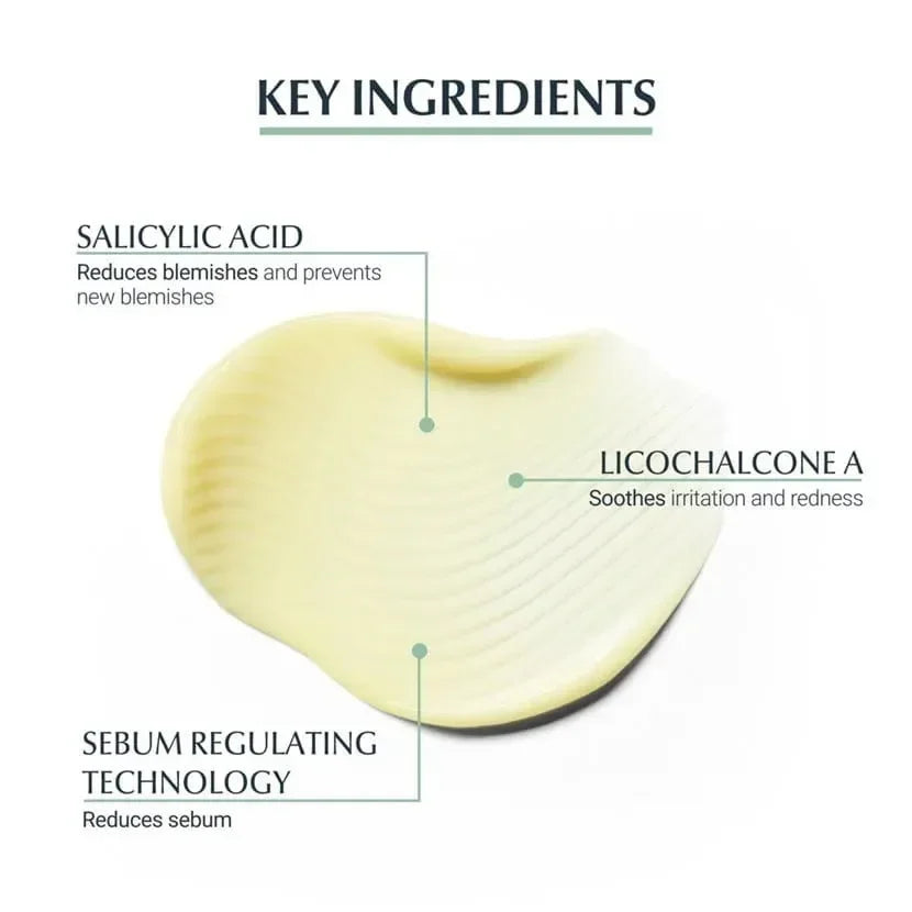 Goldfarmaci skincare product texture with key ingredients salicylic acid, licochalcone A, and sebum regulating technology highlighted.