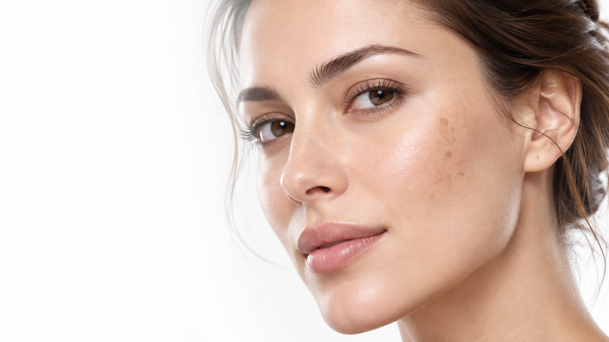 Close-up skincare portrait with natural skin texture fading into ice white