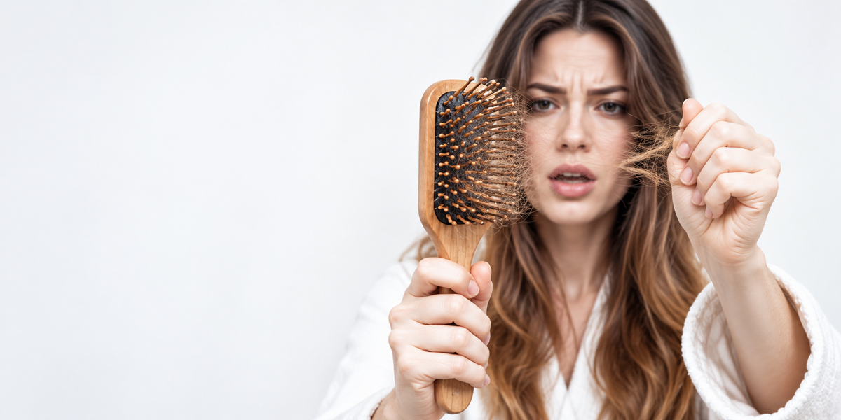 Hair loss and density hero with woman examining shed hair on a brush