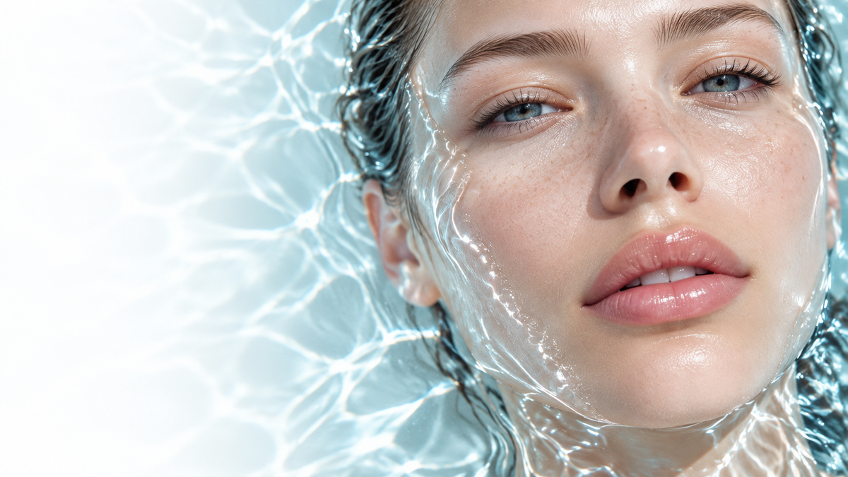Hydration skincare portrait with clear water and pale aqua reflections fading into ice white