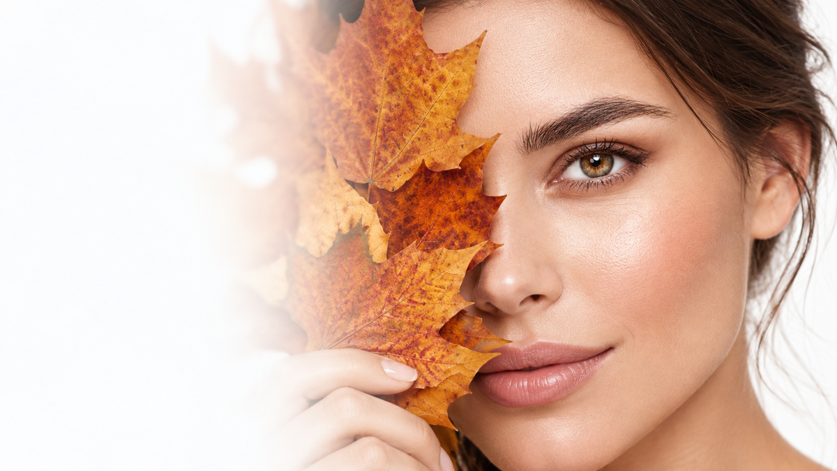 Daily SPF skincare portrait with autumn maple leaves fading into ice white