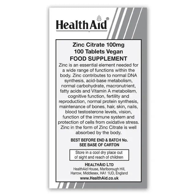 Health Aid - Zinc Citrate 100mg - GOLDFARMACI