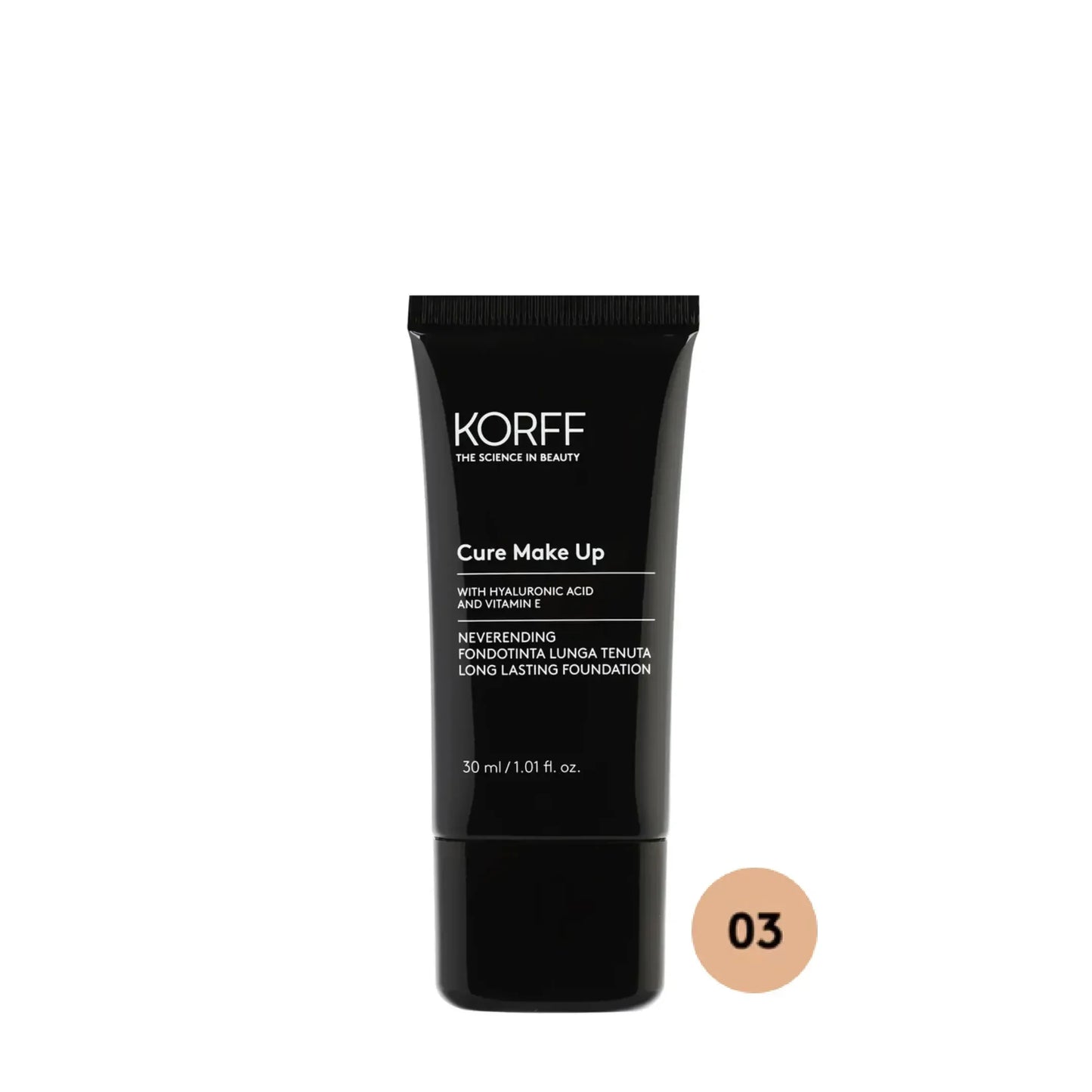Korff Neverending long lasting foundation tube shade 03, skincare makeup from Goldfarmaci