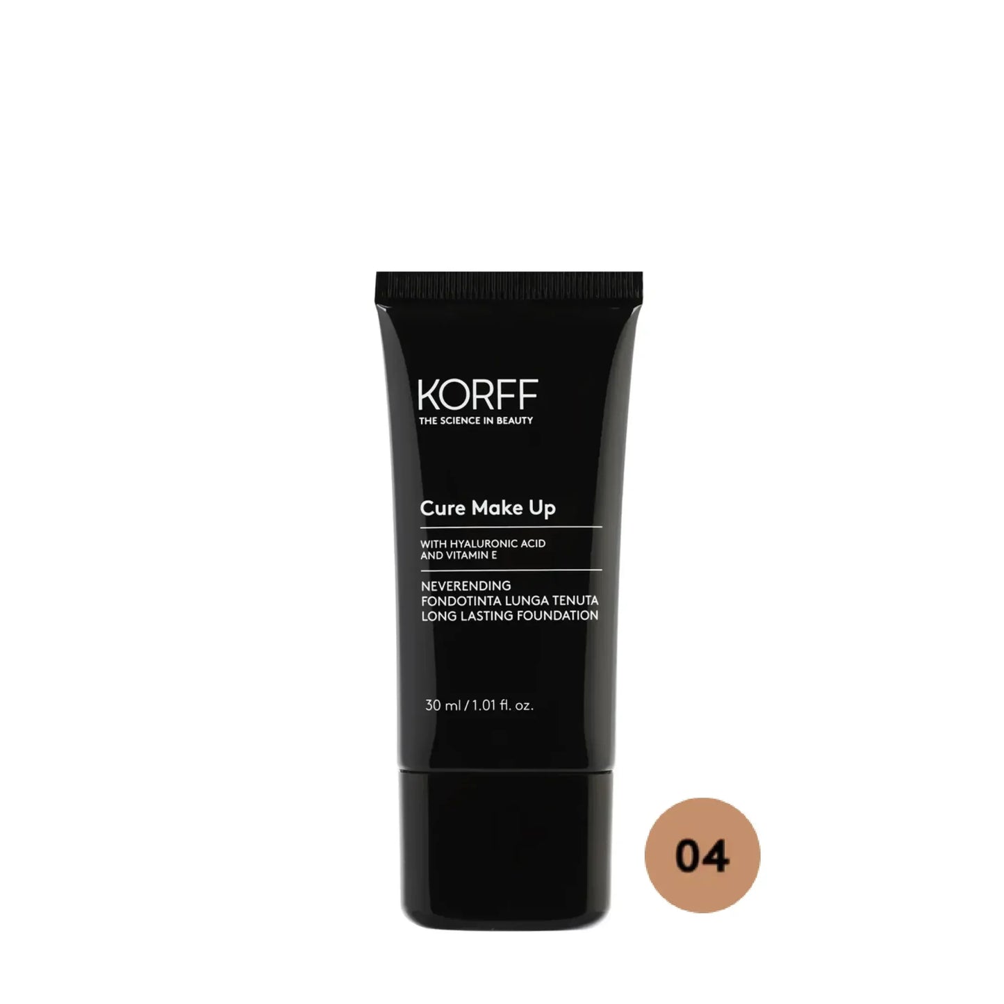 Korff Neverending Long Lasting Foundation 04 tube on white background, Goldfarmaci Albania