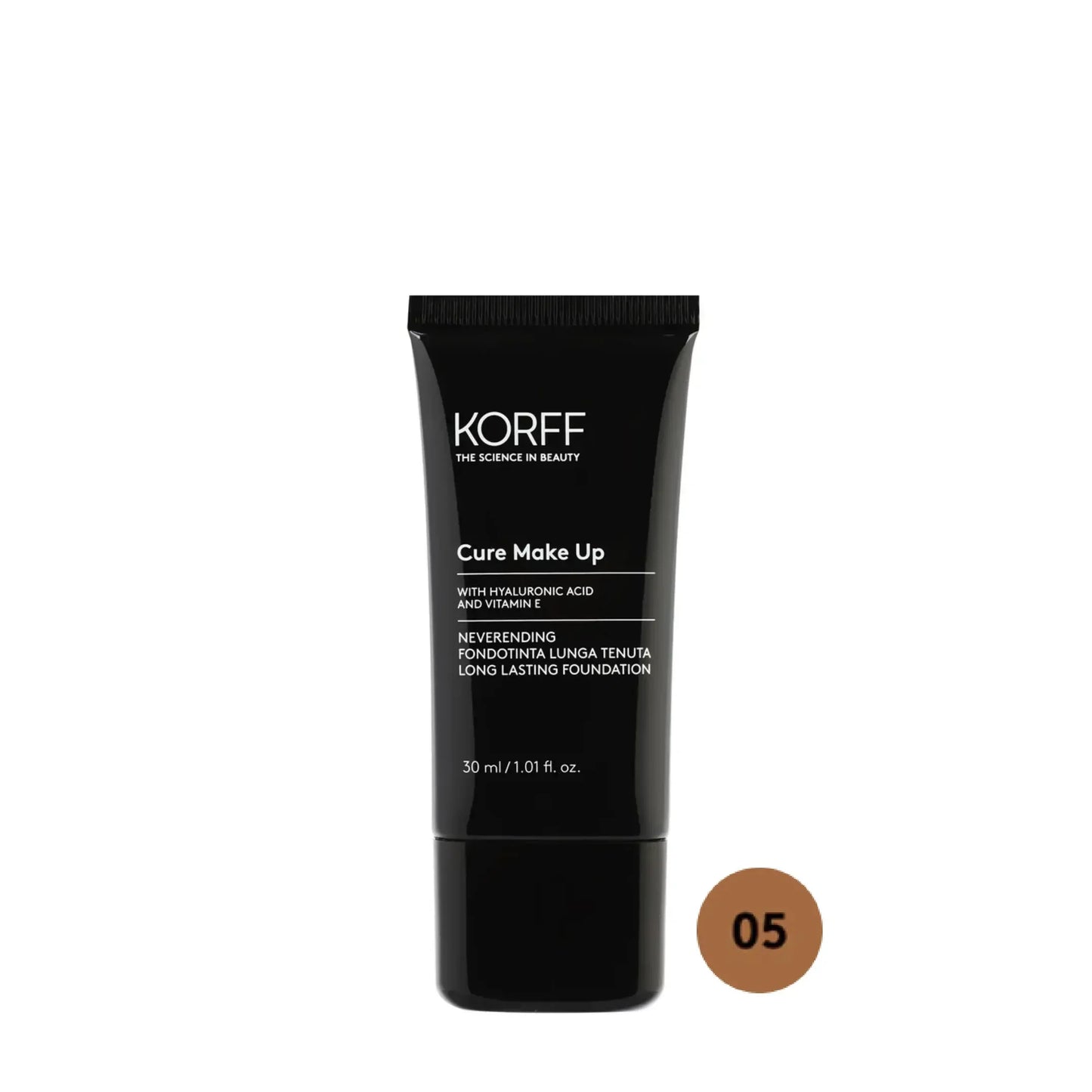 Korff Neverending Long Lasting Foundation 05 tube on white background, Goldfarmaci skincare