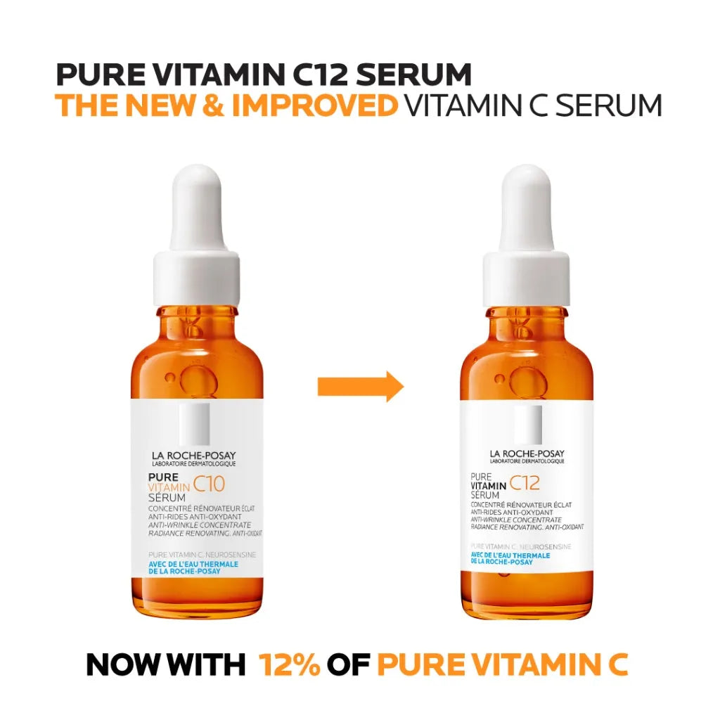 La Roche-Posay Pure Vitamin C12 Serum bottles, new improved formula, available at Goldfarmaci