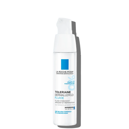 La Roche-Posay Toleriane Dermallergo Fluid moisturizer bottle on white background, Goldfarmaci