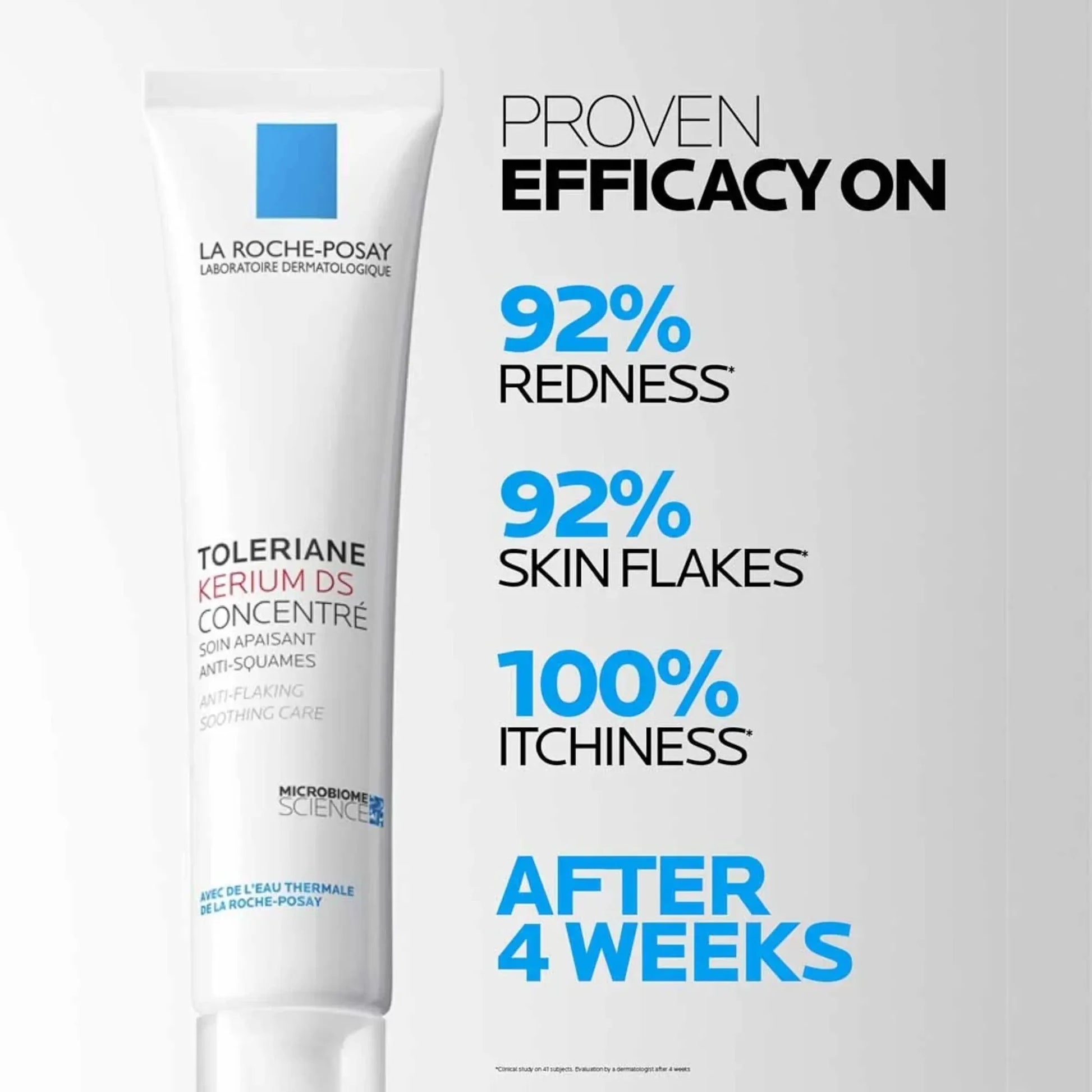 La Roche-Posay Toleriane Kerium DS cream tube with efficacy claims for redness, skin flakes, and itchiness, promoted by Goldfarmaci Albania’s online pharmacy.