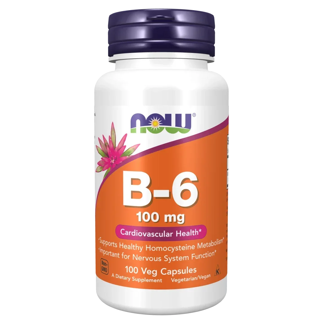 NOW Vitamin B-6 100 mg 100 veg capsules supplement bottle, available at Goldfarmaci
