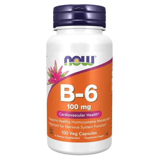 NOW Vitamin B-6 100 mg 100 veg capsules supplement bottle, available at Goldfarmaci