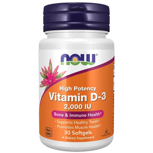 Shishe NOW Vitamin D3 2,000 IU me 30 kapsula të buta, pamja e përparme