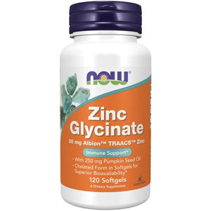 Pjesa e përparme e shishes NOW Zinc Glycinate, 30 mg, 120 kapsula të buta.
