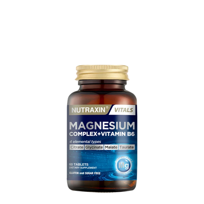 Nutraxin Magnesium Complex Vitamin B6 supplement bottle, 60 tablets, at Goldfarmaci Albania