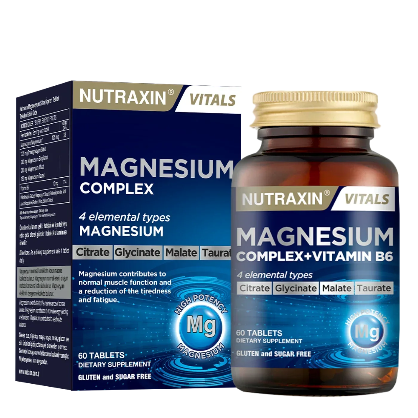 Nutraxin Magnesium Complex with Vitamin B6 supplement bottle and box, sold at Goldfarmaci