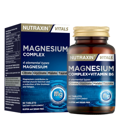Nutraxin Magnesium Complex with Vitamin B6 supplement bottle and box, sold at Goldfarmaci