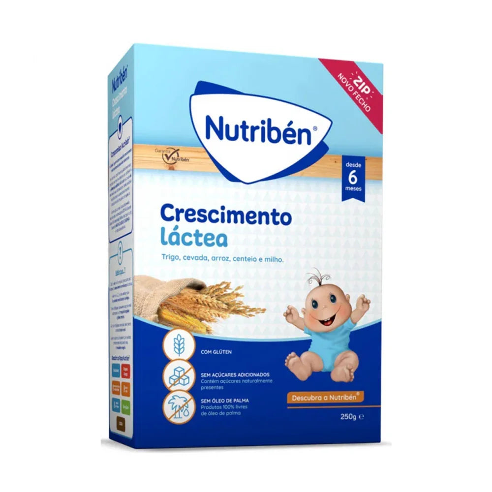 Nutribén baby cereal box for infants 6+ months, shown with wheat and smiling baby illustration.