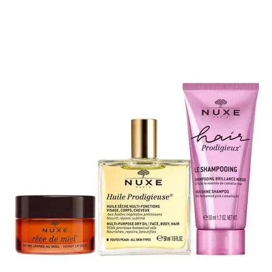 Nuxe The Iconics skincare and haircare set with lip balm, dry oil, and shampoo, Goldfarmaci