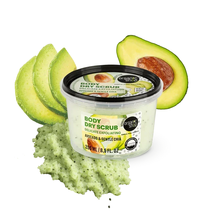Organic Shop Body Dry Scrub Avocado & Chia 250ml with avocado slices and green scrub, from Goldfarmaci Albania online pharmacy.