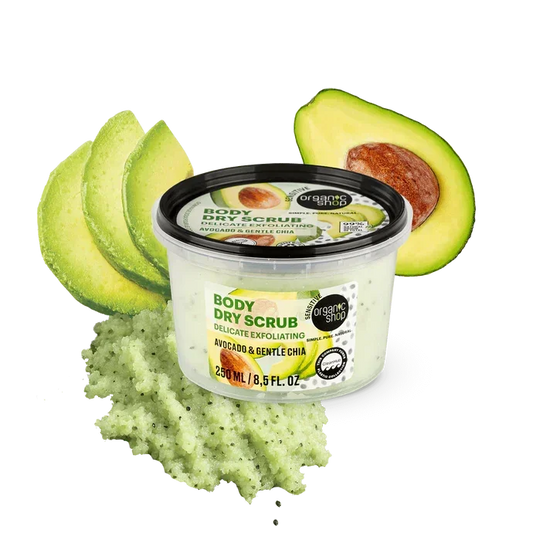 Organic Shop Body Dry Scrub Avocado & Chia 250ml with avocado slices and green scrub, from Goldfarmaci Albania online pharmacy.