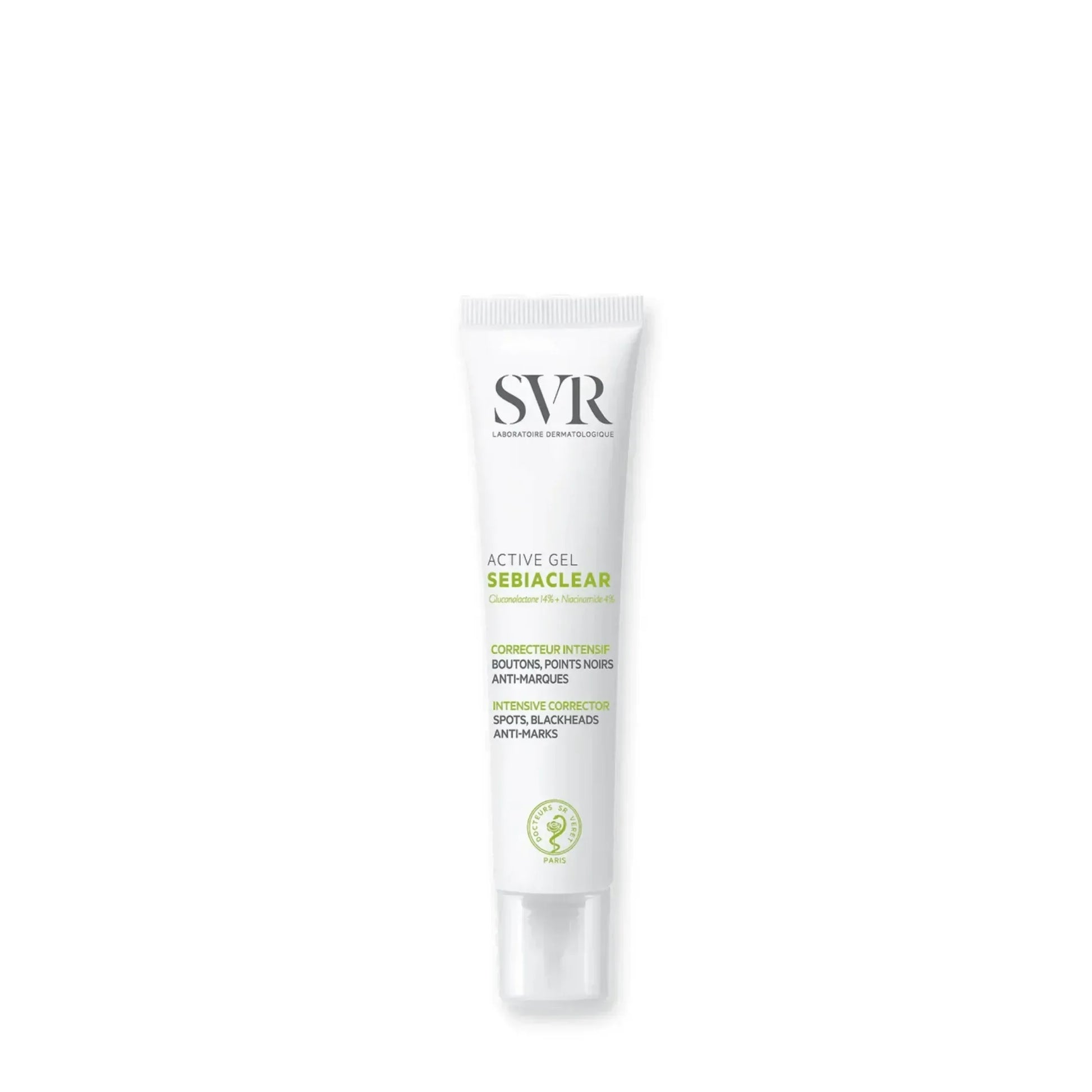 SVR Sebiaclear Active Gel intensive corrector skincare tube on white background, Goldfarmaci