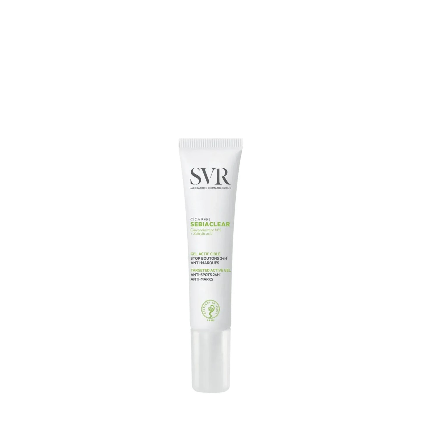 SVR Sebiaclear Cicapeel anti-spot targeted gel on white background, Goldfarmaci skincare product