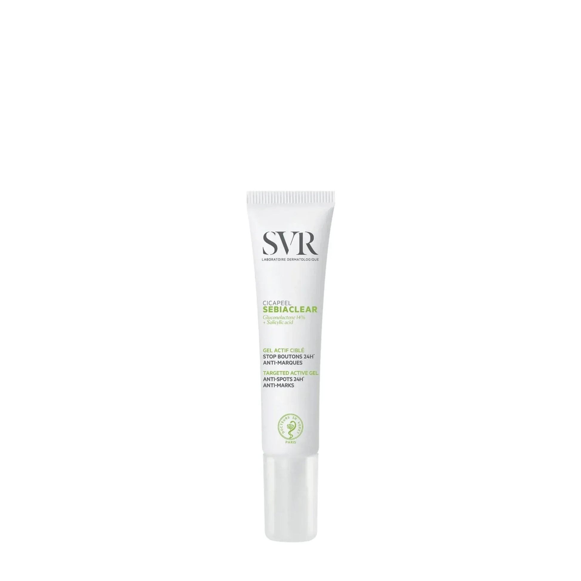 SVR Sebiaclear Cicapeel anti-spot targeted gel on white background, Goldfarmaci skincare product