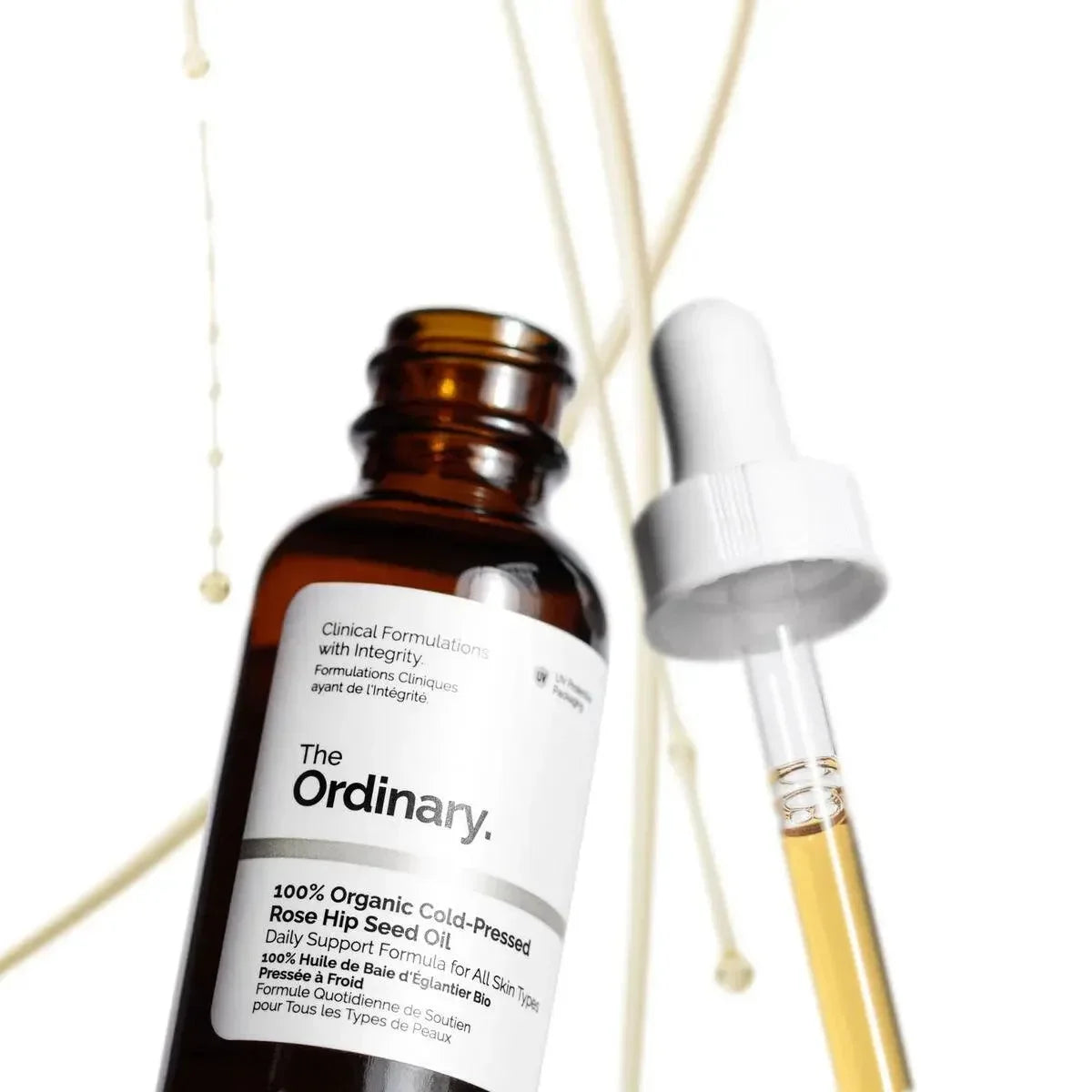 The Ordinary 100% organic cold-pressed rose hip seed oil bottle with dropper, skincare product