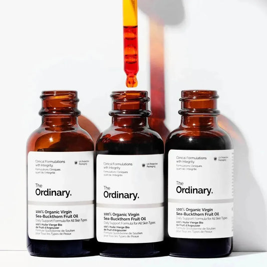 The Ordinary 100% Organic Virgin Sea-Buckthorn Fruit Oil bottles with dropper, skincare product