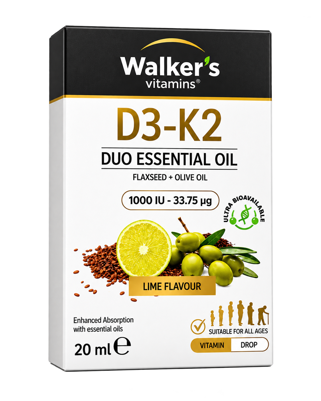 Walker's Vitamins D3-K2 Duo Essential Oil box, lime flavour, 20 ml