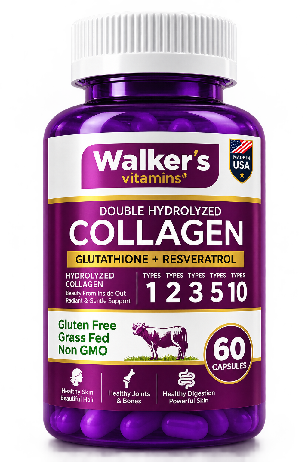 Walker’s Vitamins Double Hydrolyzed Collagen with glutathione and resveratrol, 60 capsules