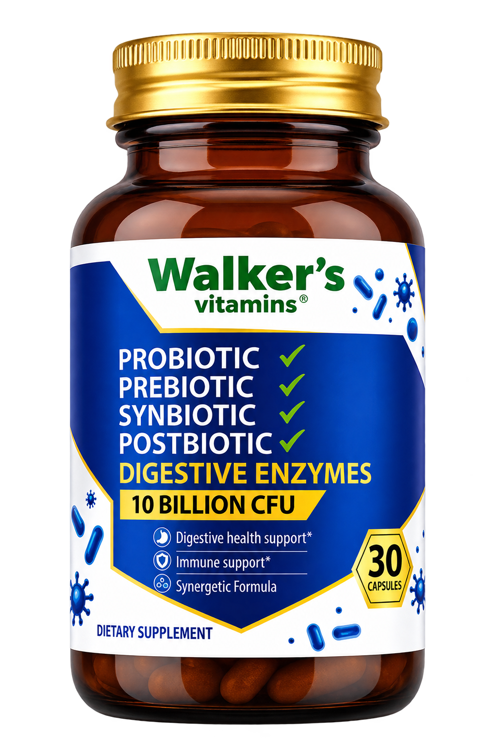 Walker’s Vitamins Probiotic, Prebiotic, Synbiotic, Postbiotic and Digestive Enzymes, 30 Capsules