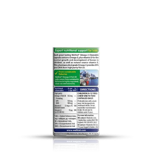 Vitabiotics Wellkid Omega-3 Chewable 60 Capsules back pack