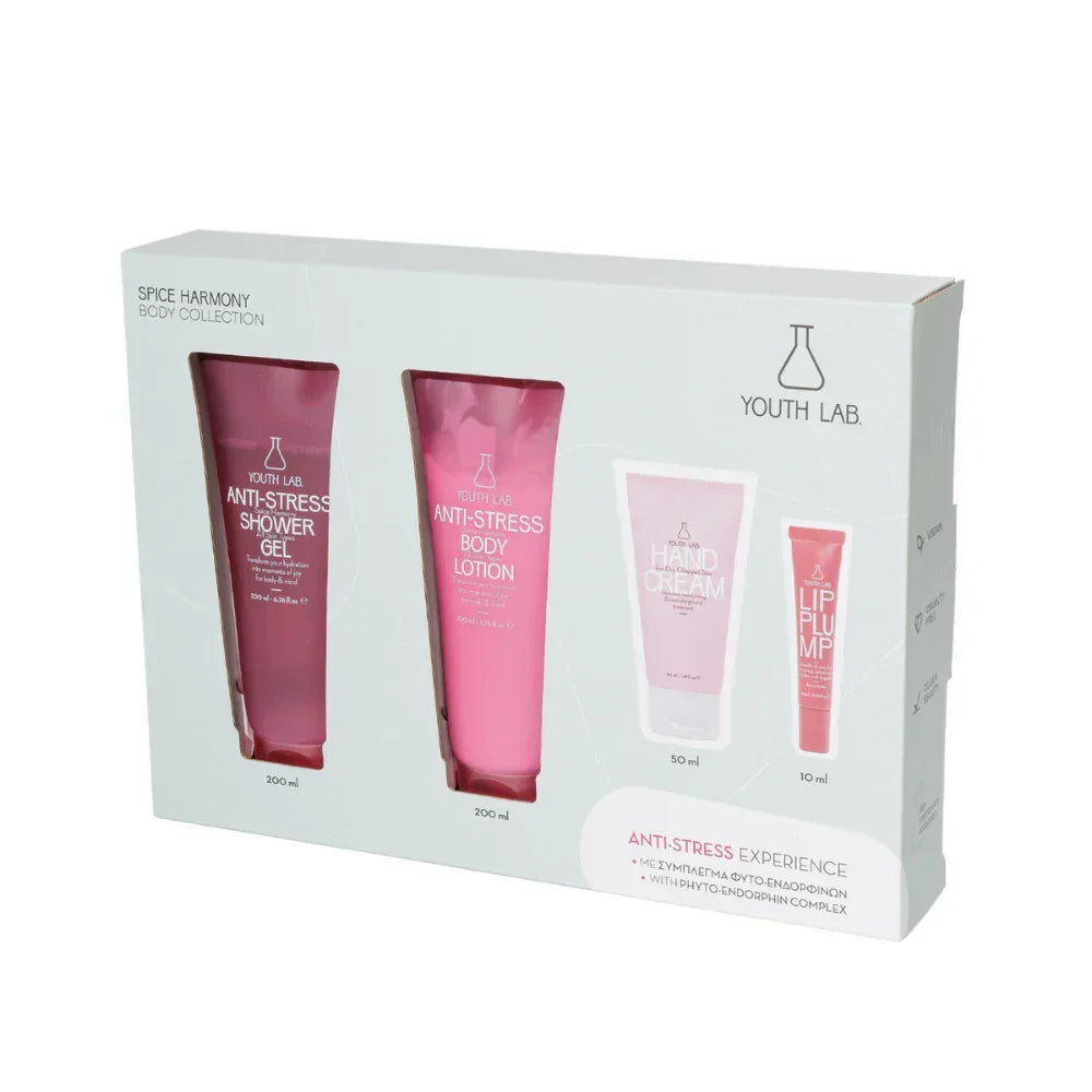 Youth Lab Spice Harmony body, hand, and lip set packaging, available at Goldfarmaci Albania.