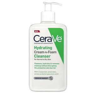 CeraVe Hydrating Cream-to-Foam Cleanser bottle for normal to dry skin, pump dispenser.
