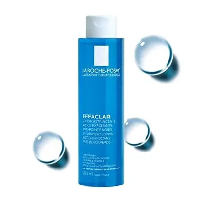 La Roche-Posay Effaclar clarifying lotion bottle with water droplets, Goldfarmaci skincare
