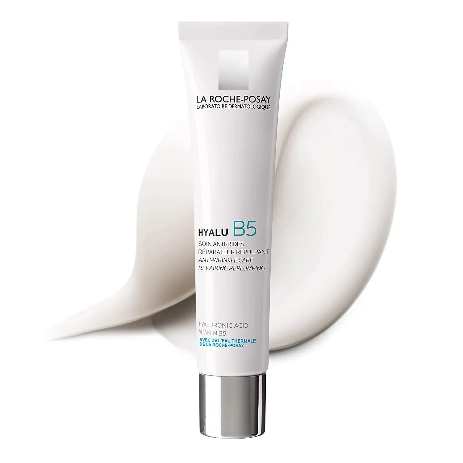 La Roche-Posay Hyalu B5 anti-wrinkle cream tube with cream smear on white background