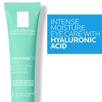 La Roche-Posay Hydraphase HA Eyes cream tube with intense moisture hyaluronic acid text