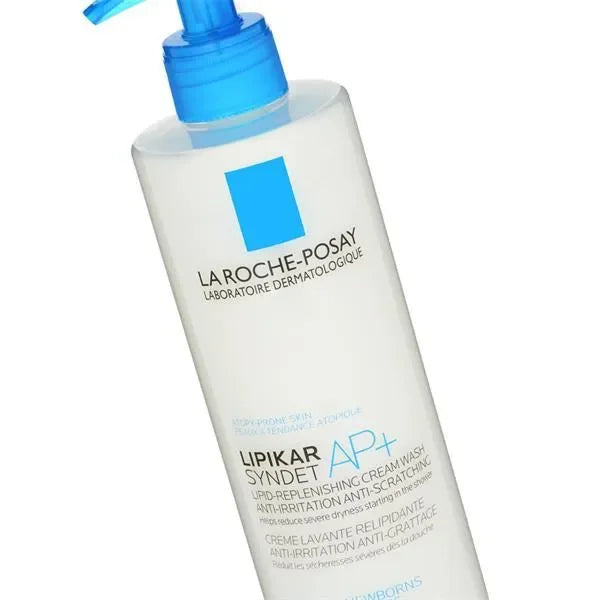 La Roche-Posay Lipikar Syndet AP+ cream wash bottle with blue pump, dermocosmetic skincare