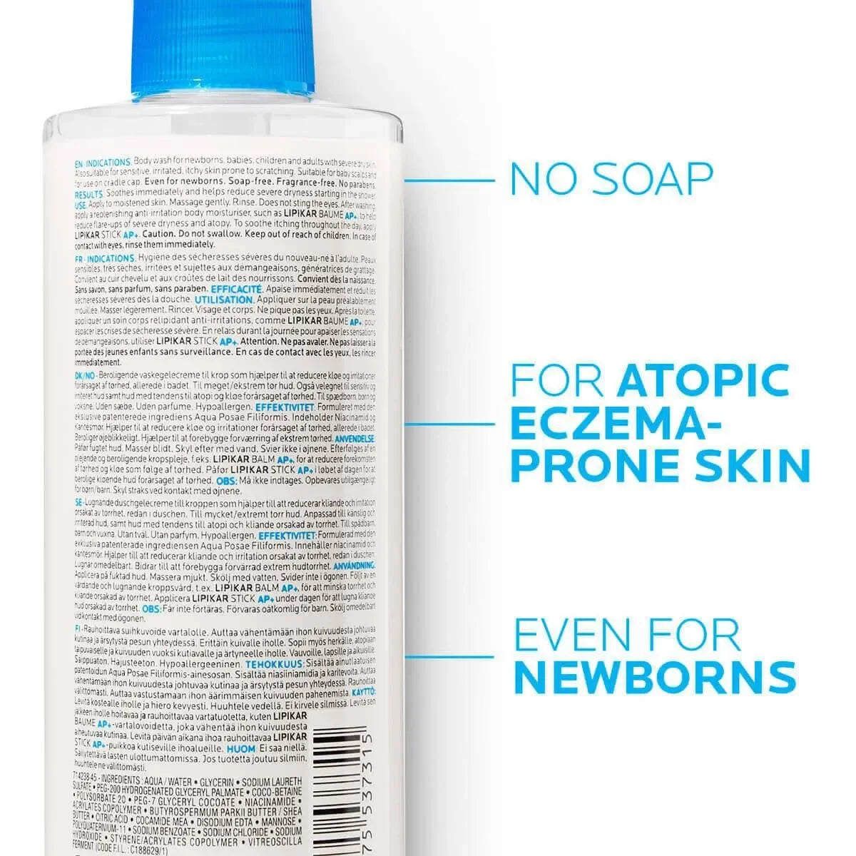 La Roche-Posay Lipikar Syndet AP+ cleanser bottle, suitable for atopic eczema-prone skin and newborns, at Goldfarmaci online pharmacy.