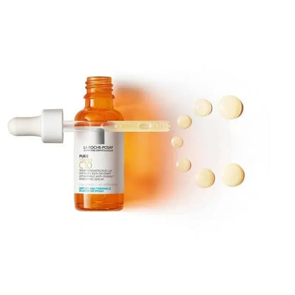 La Roche-Posay Pure Vitamin C10 serum bottle with dropper on white background, Goldfarmaci