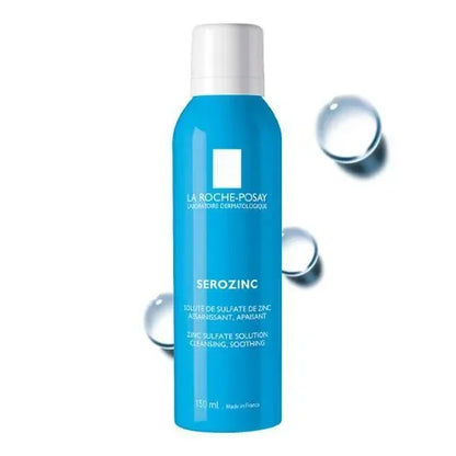 La Roche-Posay Serozinc zinc sulfate cleansing spray bottle with water droplets