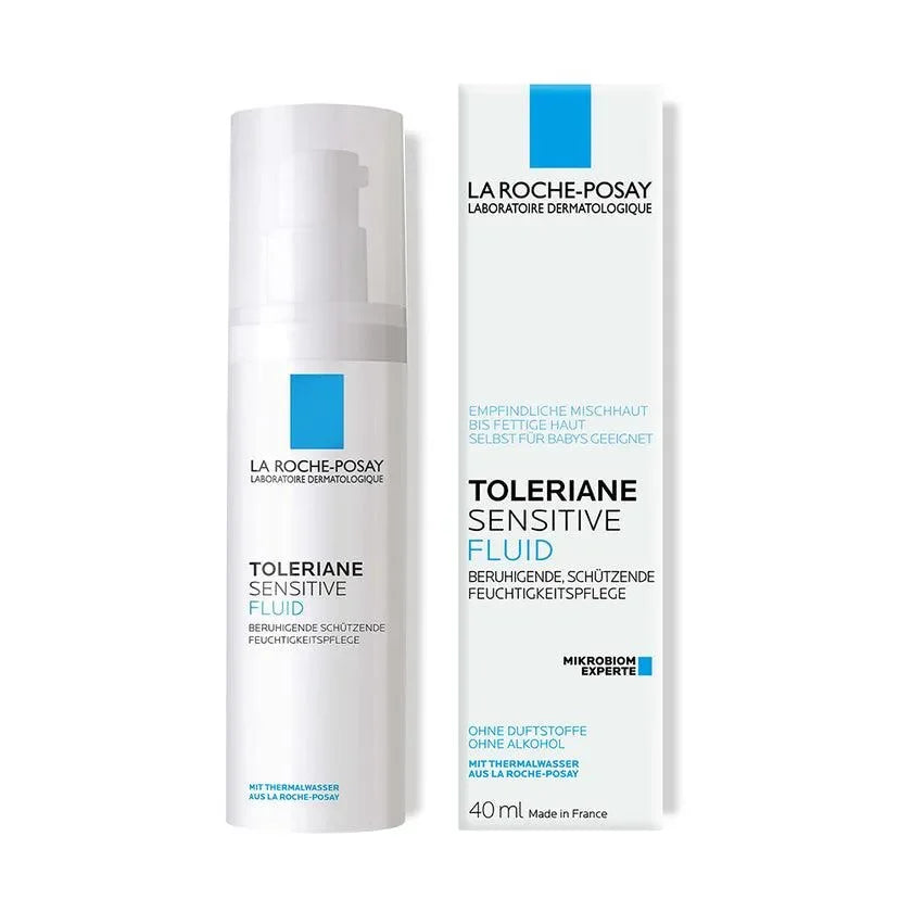 La Roche-Posay Toleriane Sensitive Fluid moisturizer bottle and box, dermocosmetic at Goldfarmaci