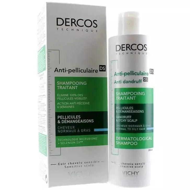 Vichy Dercos anti-dandruff shampoo for normal to oily hair with product box and bottle