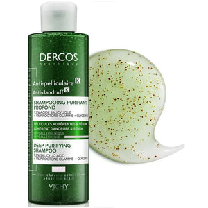 Vichy Dercos Anti-Dandruff deep purifying shampoo bottle with green gel texture and exfoliating beads