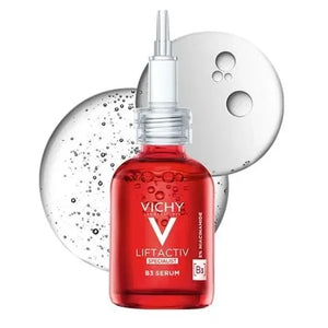 Vichy Liftactiv Specialist B3 Serum in red dropper bottle with serum texture background